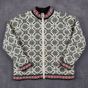 LL Bean Cardigan Sweater Womens XL Black White Nordic Fair Isle Merino Wool Zip